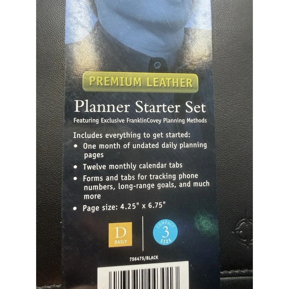 Franklin Covey Black Premium Leather Planner Starter Set Zippered Compact